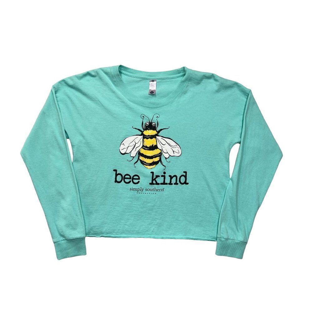 Simply Southern Shirt Womens Medium Turquoise Bee Kind Cropped Long Sleeve Tee‎